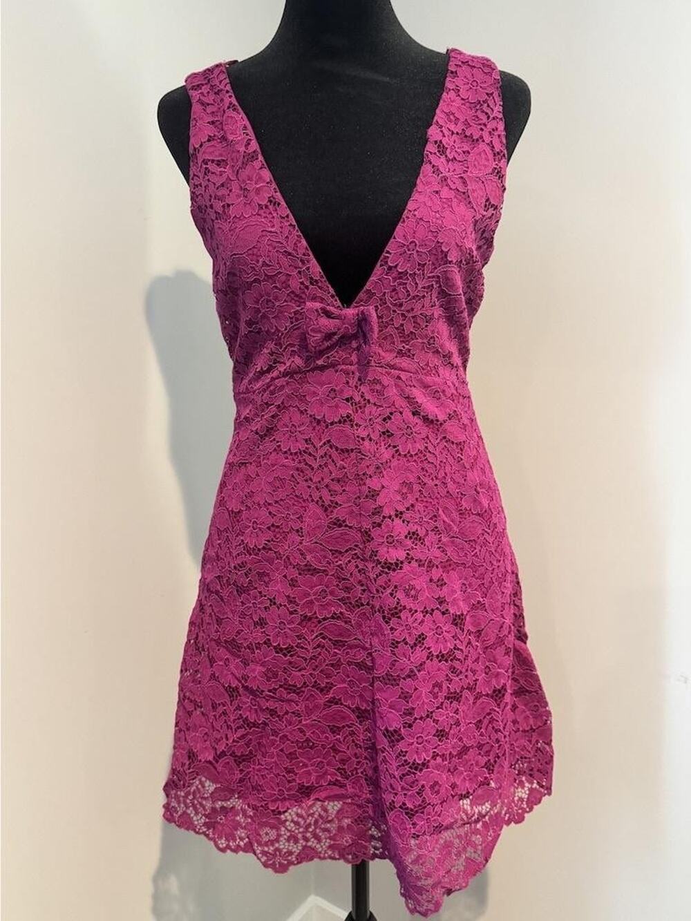 Zara Dress Sz S Pink Lace Fit & Flare V Neck Cutout Bow Mini Party Fairy